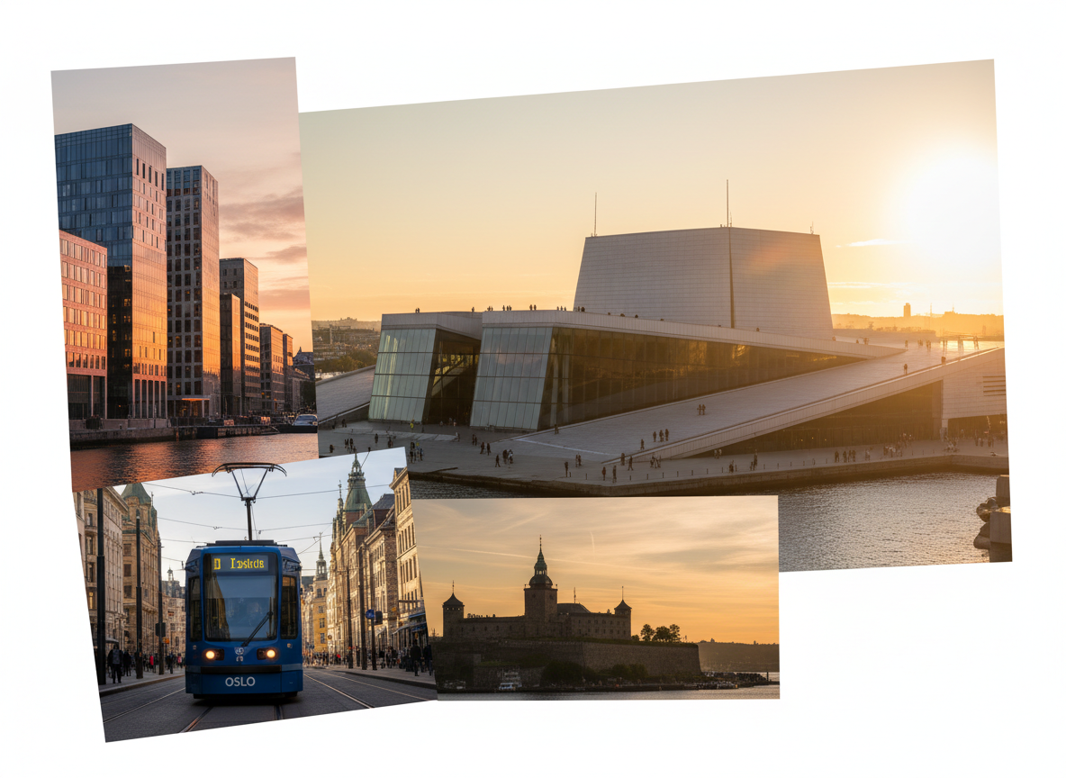 Oslo landmarks collage at golden hour: Opera House, Barcode skyline, Akershus Fortress, and blue tram on Karl Johans gate, travel vlog style.
