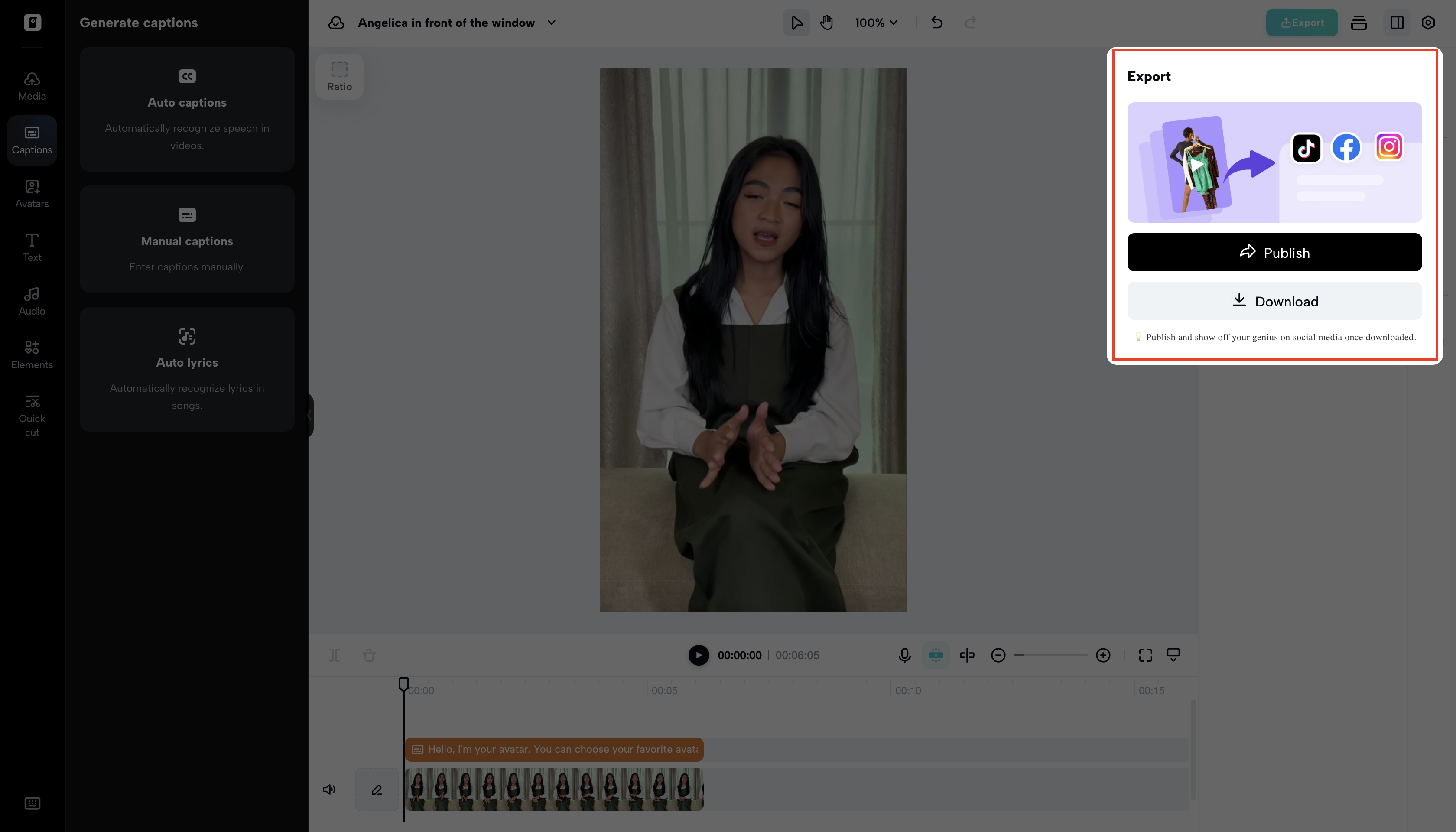 Web avatar-video editor opens an export panel with TikTok, Facebook, and download options