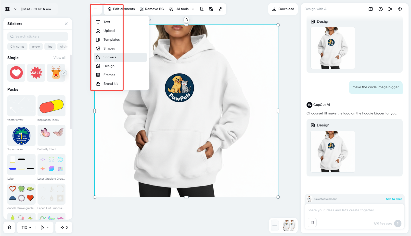 Edit the custom image hoodie