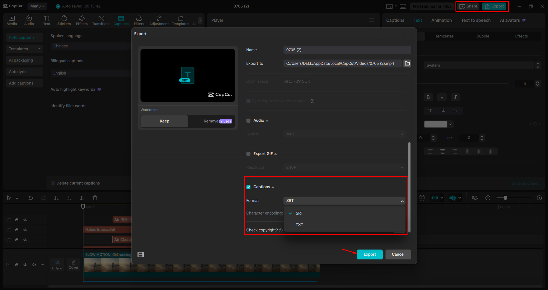 Exporting the subtitles from the CapCut desktop video editor