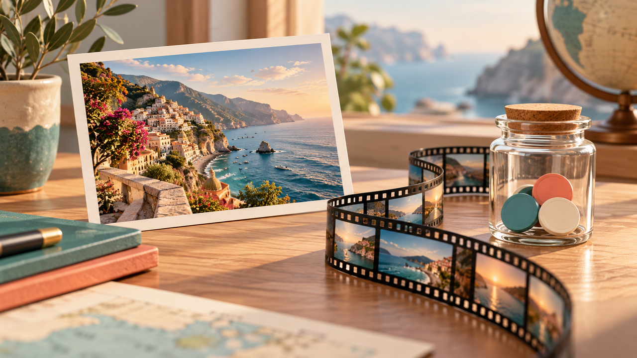 A travel photograph, short film strip and jar of tokens