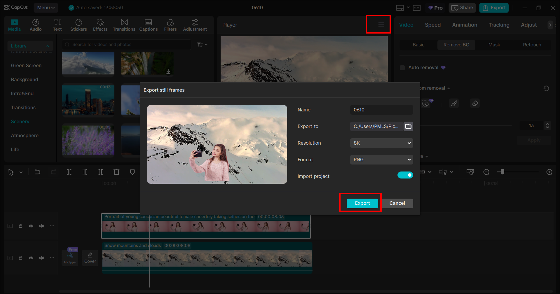 Exporting the image from the CapCut desktop video editor