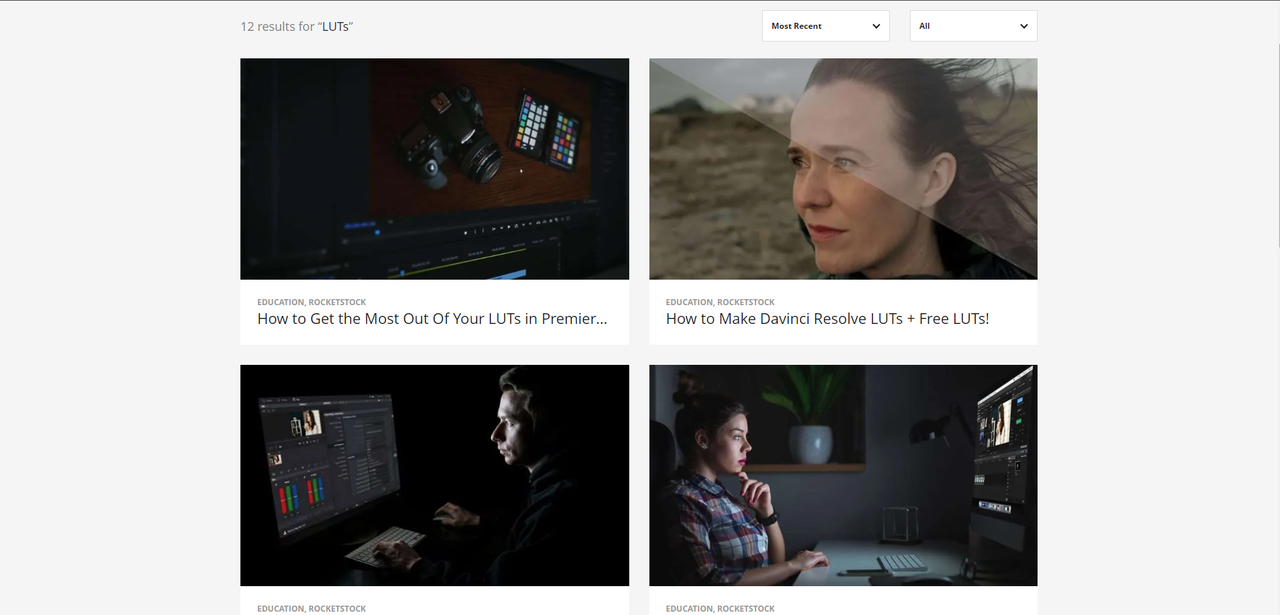 Interface of RocketStock - the best place to find cinematic color grading LUTs