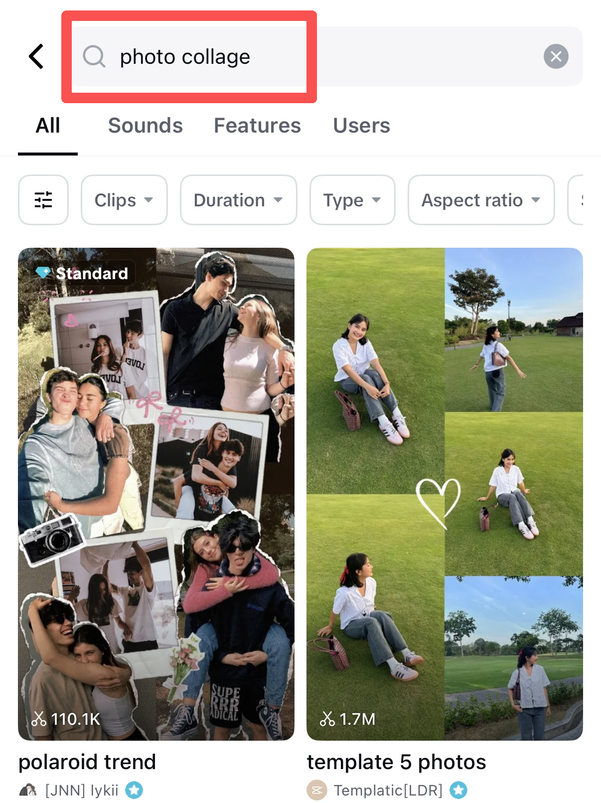 Searching for photo collage templates in CapCut app