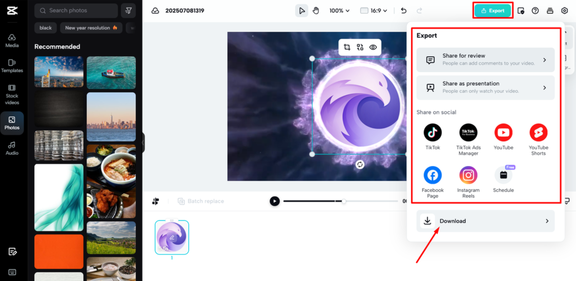 Exporting the final logo animation from CapCut Web
