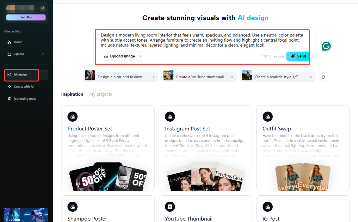 Access the AI design workspace