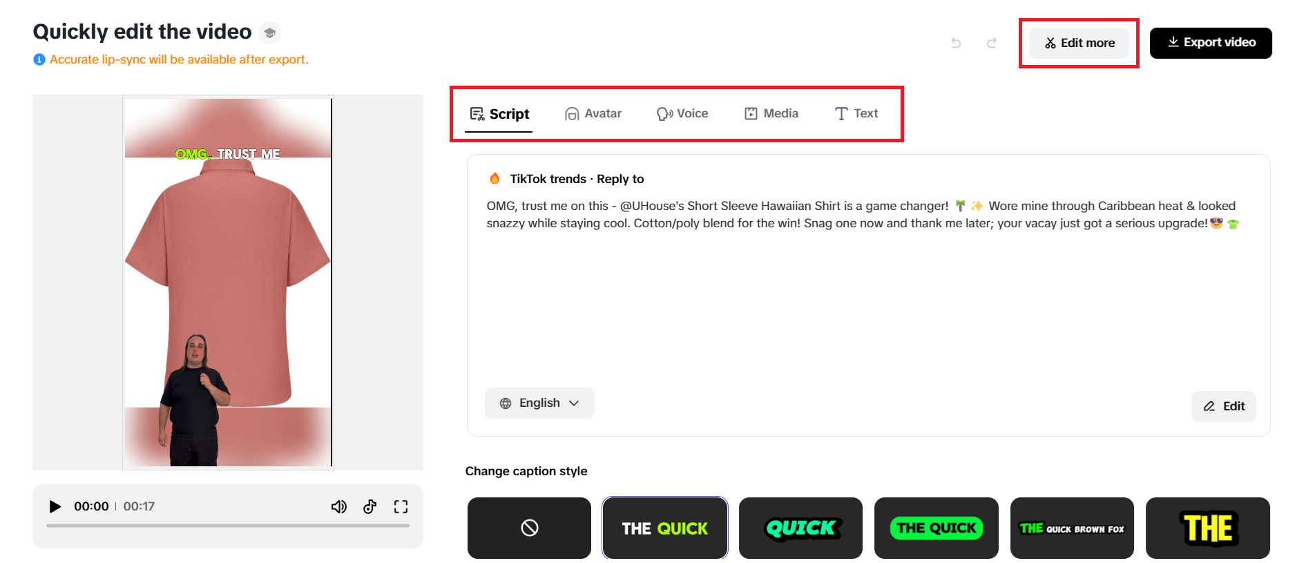 Quick editing options