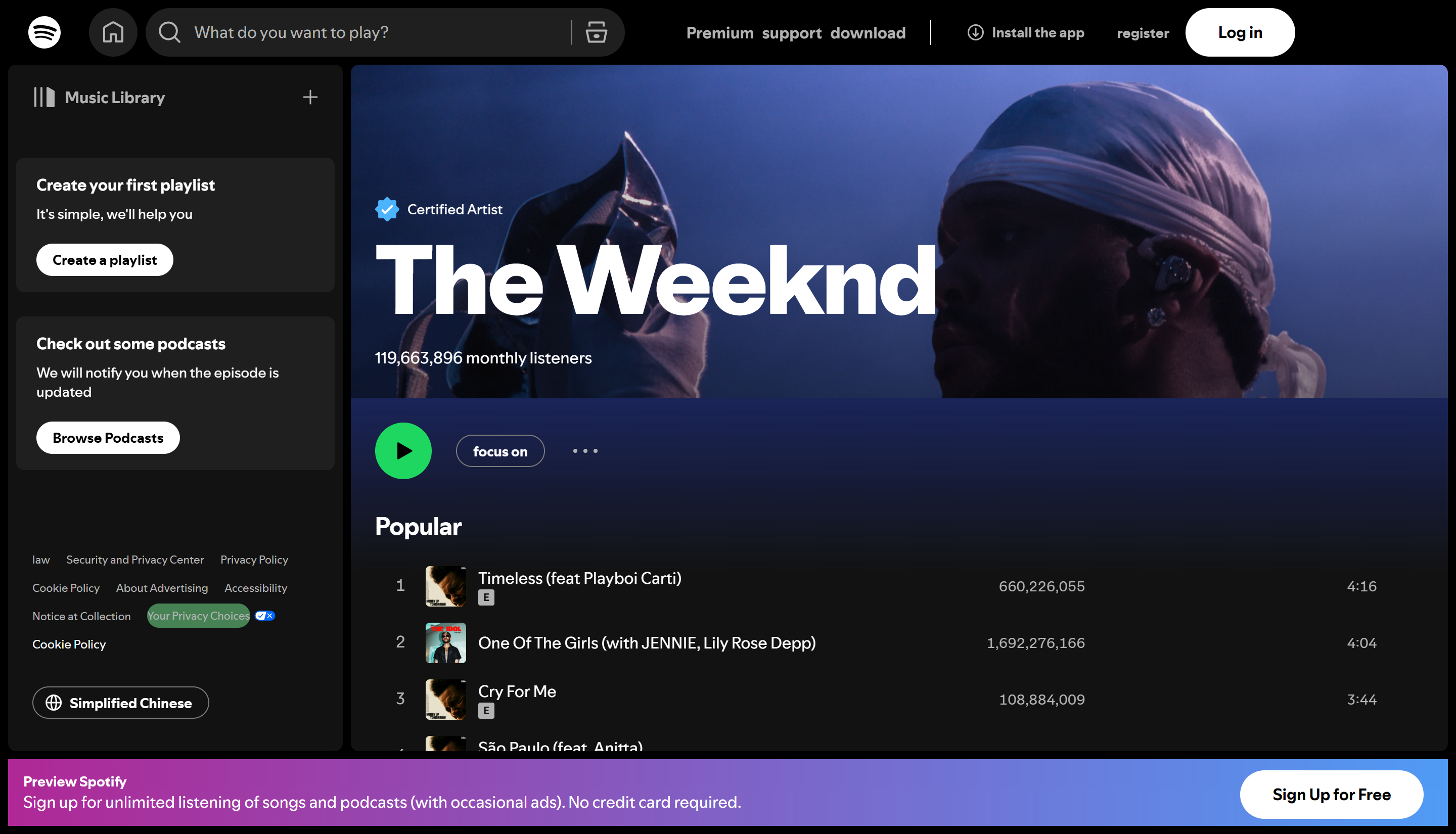 The Weeknd - 상단에 있는 2위 Spotify 아티스트가 들었습니다.
