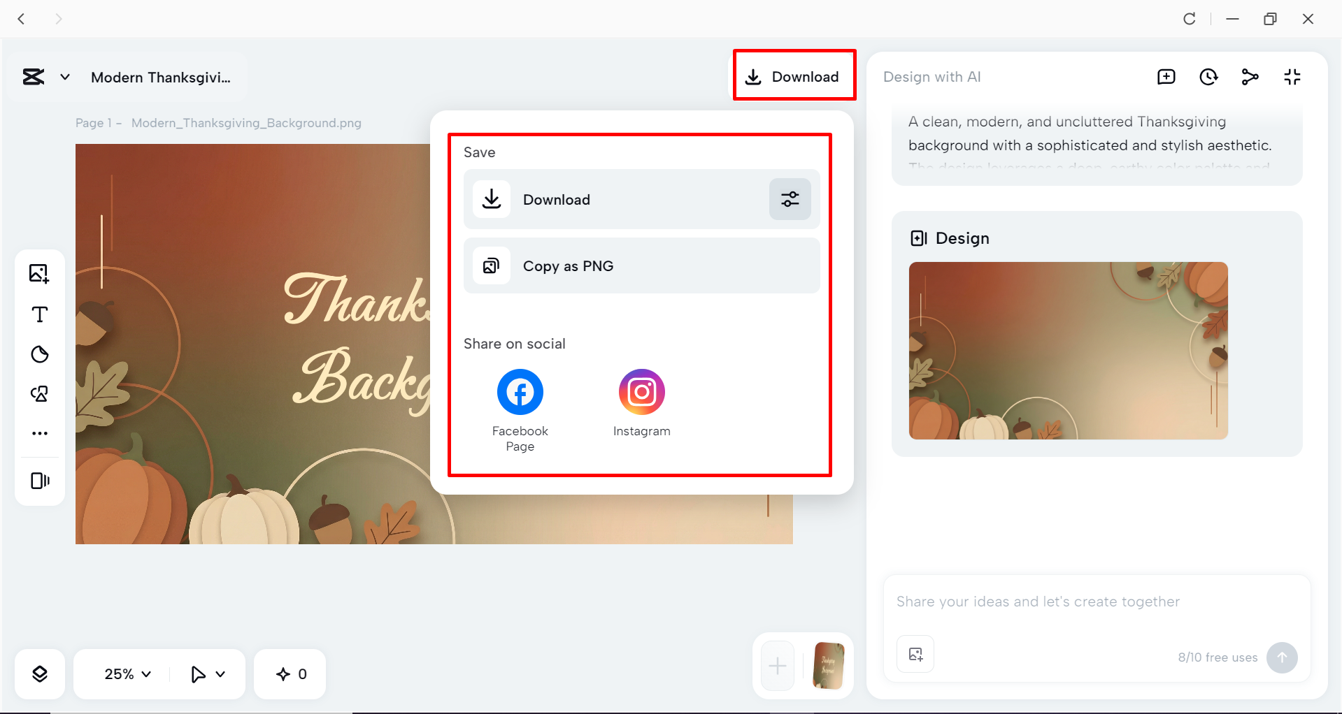 Exporting the Thanksgiving background from the CapCut desktop video editor
