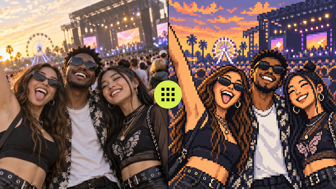 Three friends at an outdoor festival compared with a recognizable pixel-art transformation