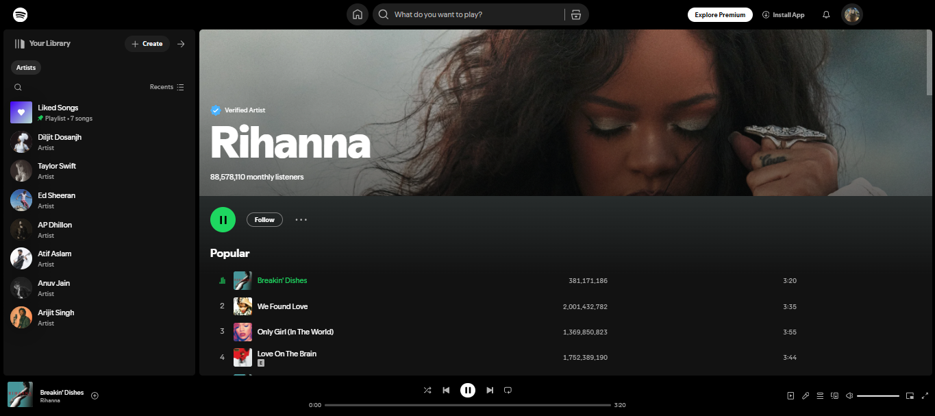 Rihanna - uno de los 100 artistas más escuchados en Spotify