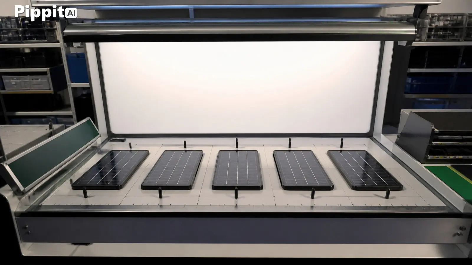 Solar panels arranged on a light table inside a machine