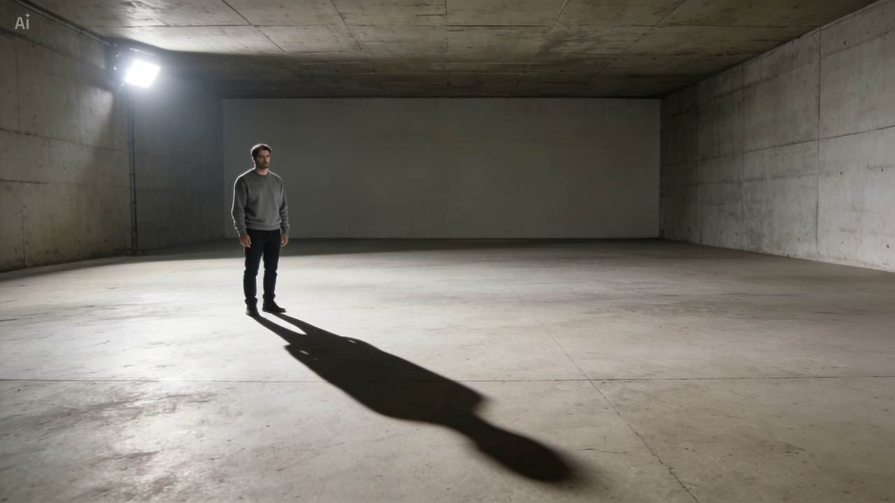 A man standing alone in a large empty concrete hall, lit by a single hard lamp high on the left, casting one long sharp shadow across the floor to his right.