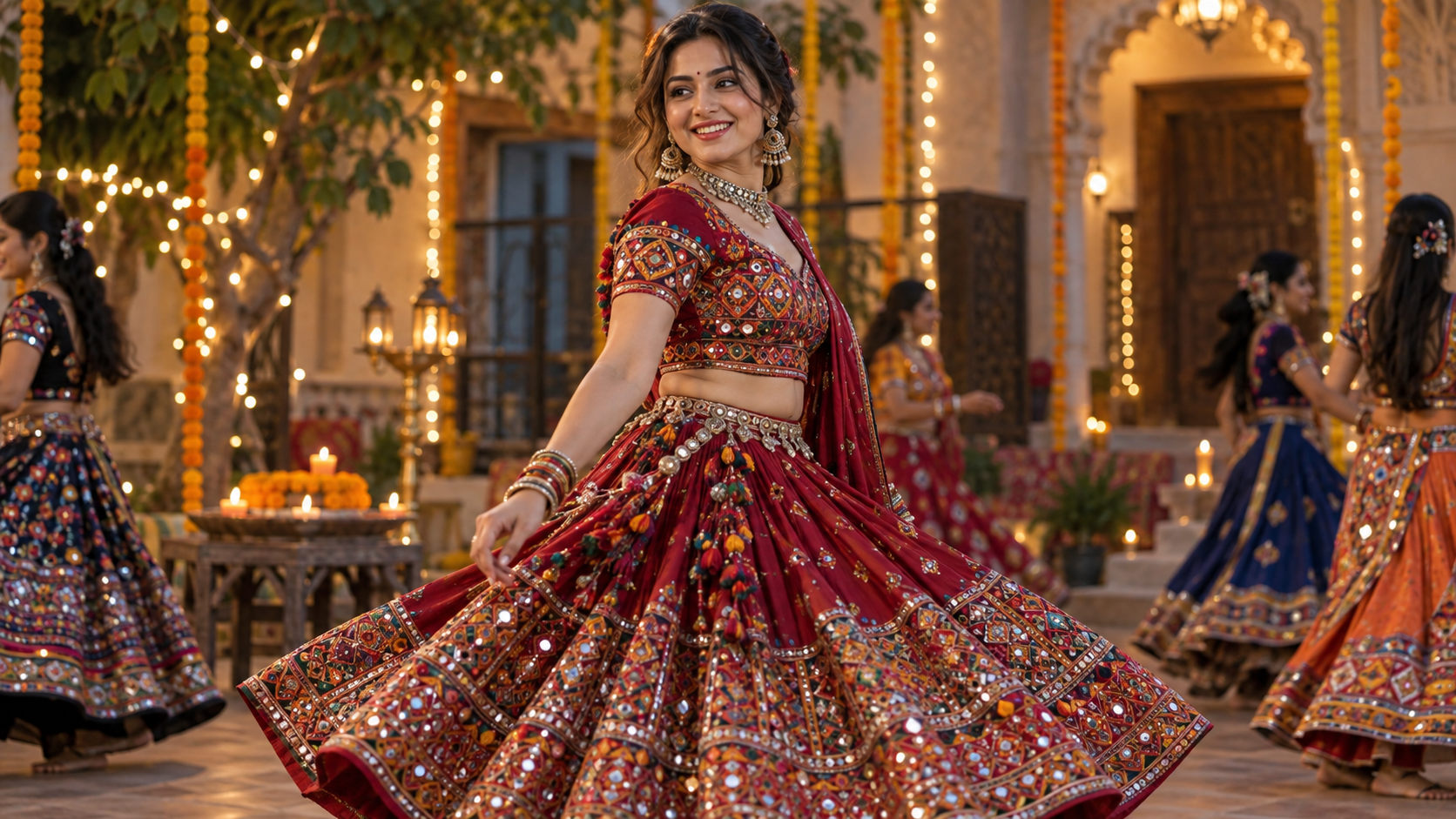 a detailed festive fashion portrait where mirror work, skirt movement, jewelry, and Garba lighting remain physically coherent