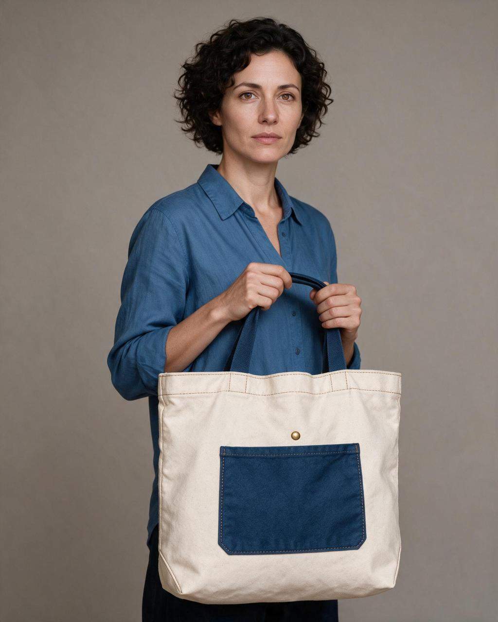 An AI-generated adult woman in a blue shirt holds a cream tote with dark blue handles and front pocket