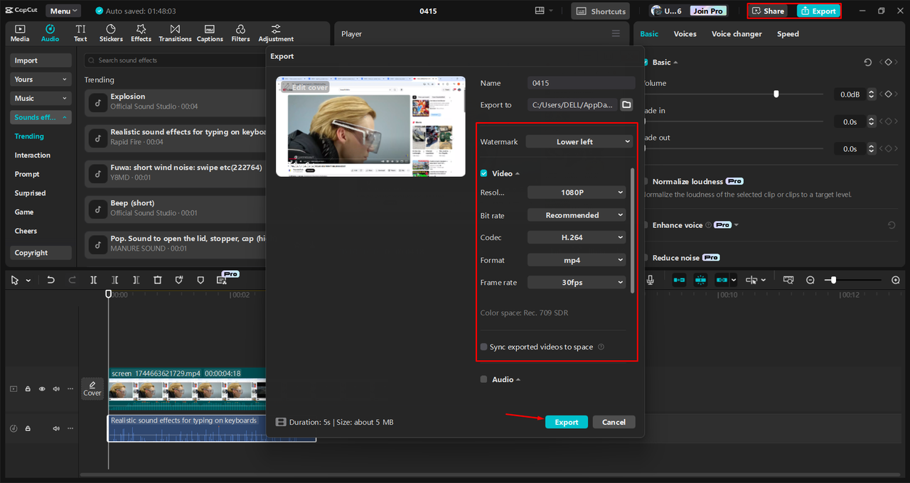 Exporting a video from the CapCut desktop video editor