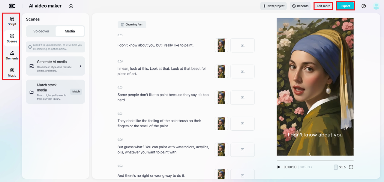 An interface showing the voice selection and customization options for an AI avatar, with various voice profiles and settings.