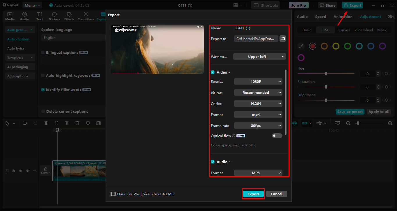 Exporting video in the CapCut desktop video editor