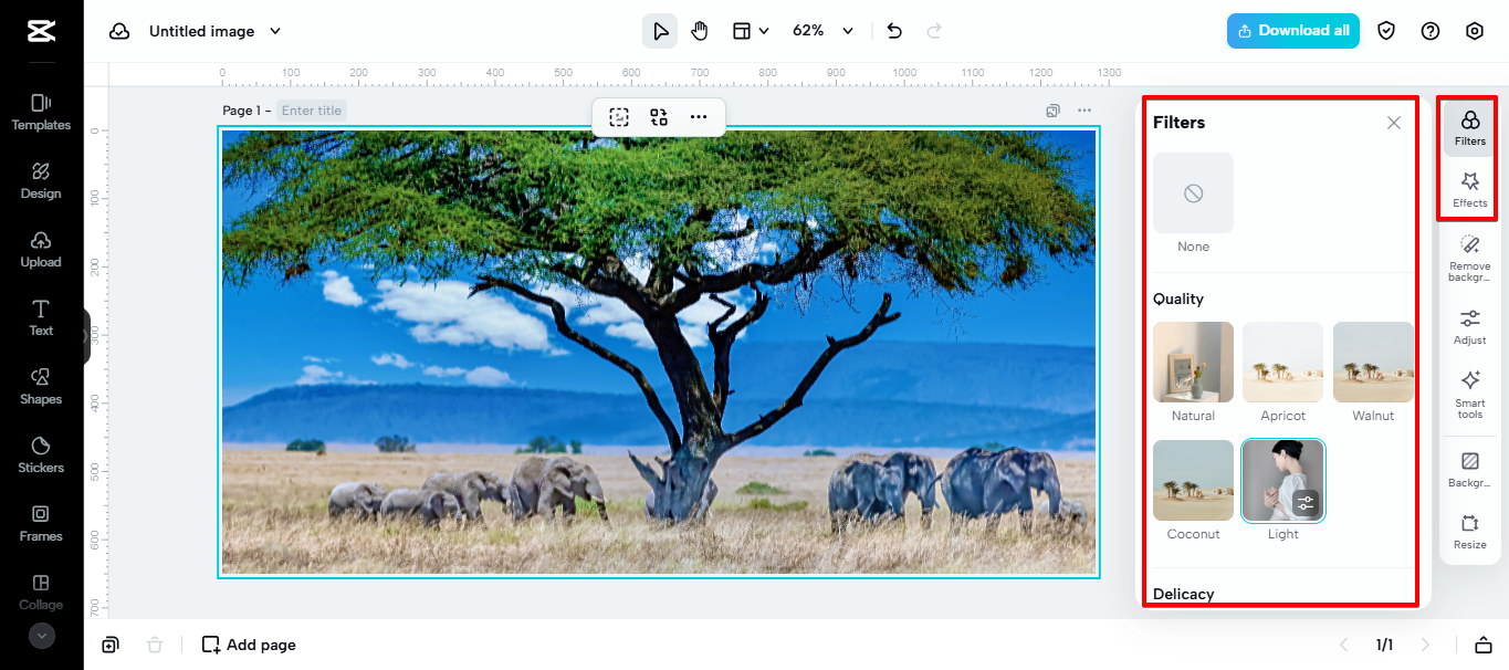 Applying filter to image in CapCut Web