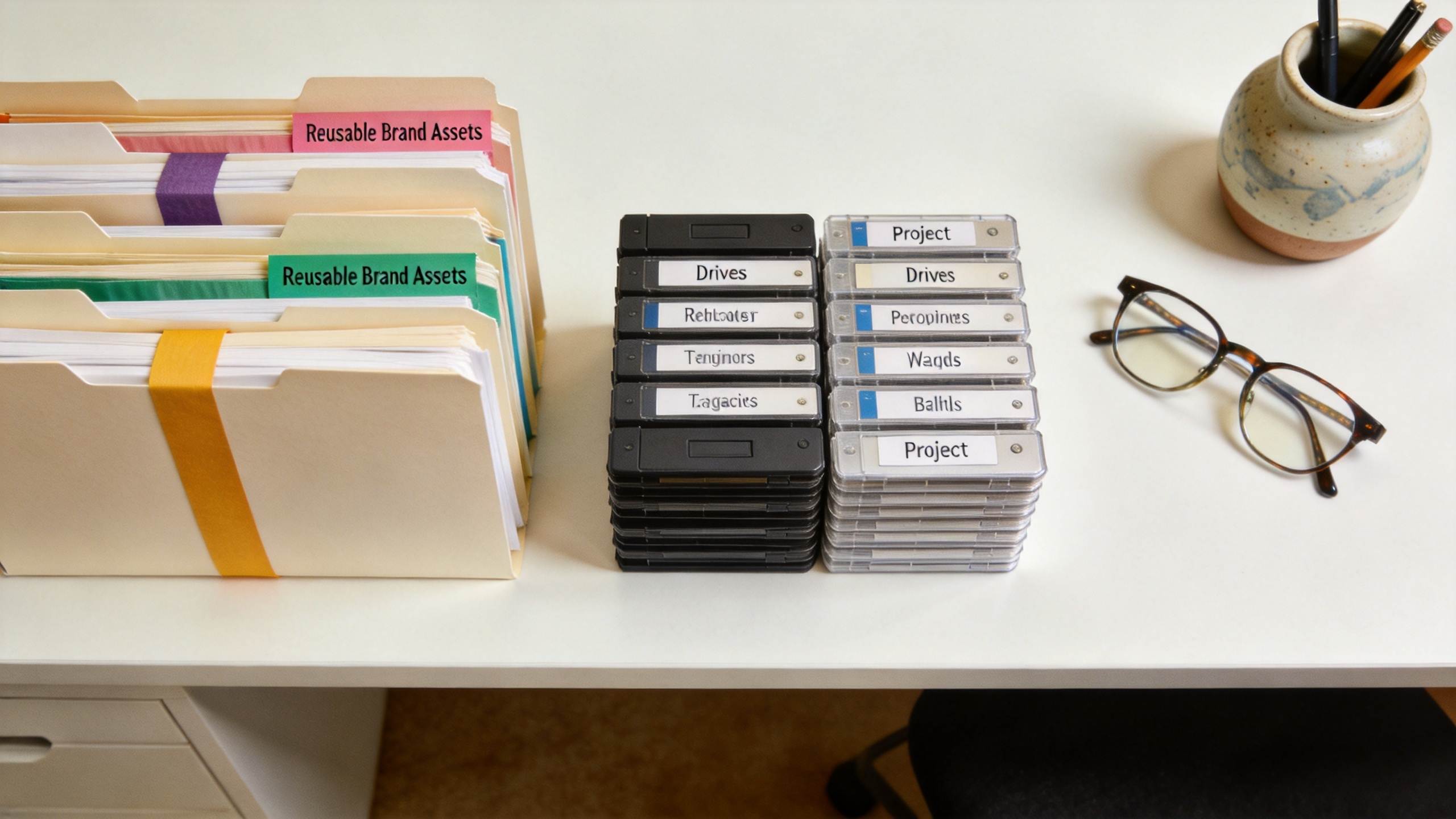 Labeled folders and stacked drives for reusable brand assets and projects on a desk