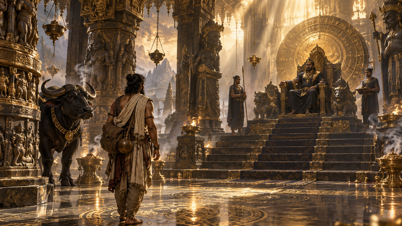 Yamraj AI photo editing prompts: Hall of Divine Justice