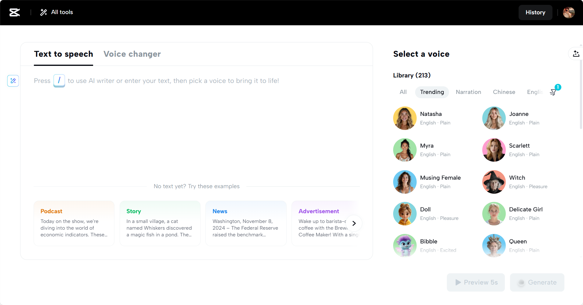 CapCut Web's text-to-speech tool