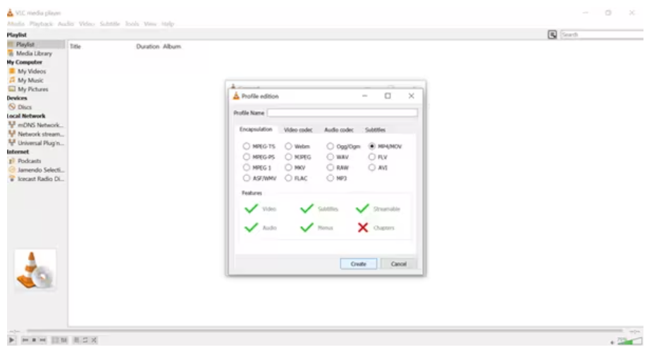 Choose MP4 as output in VLC