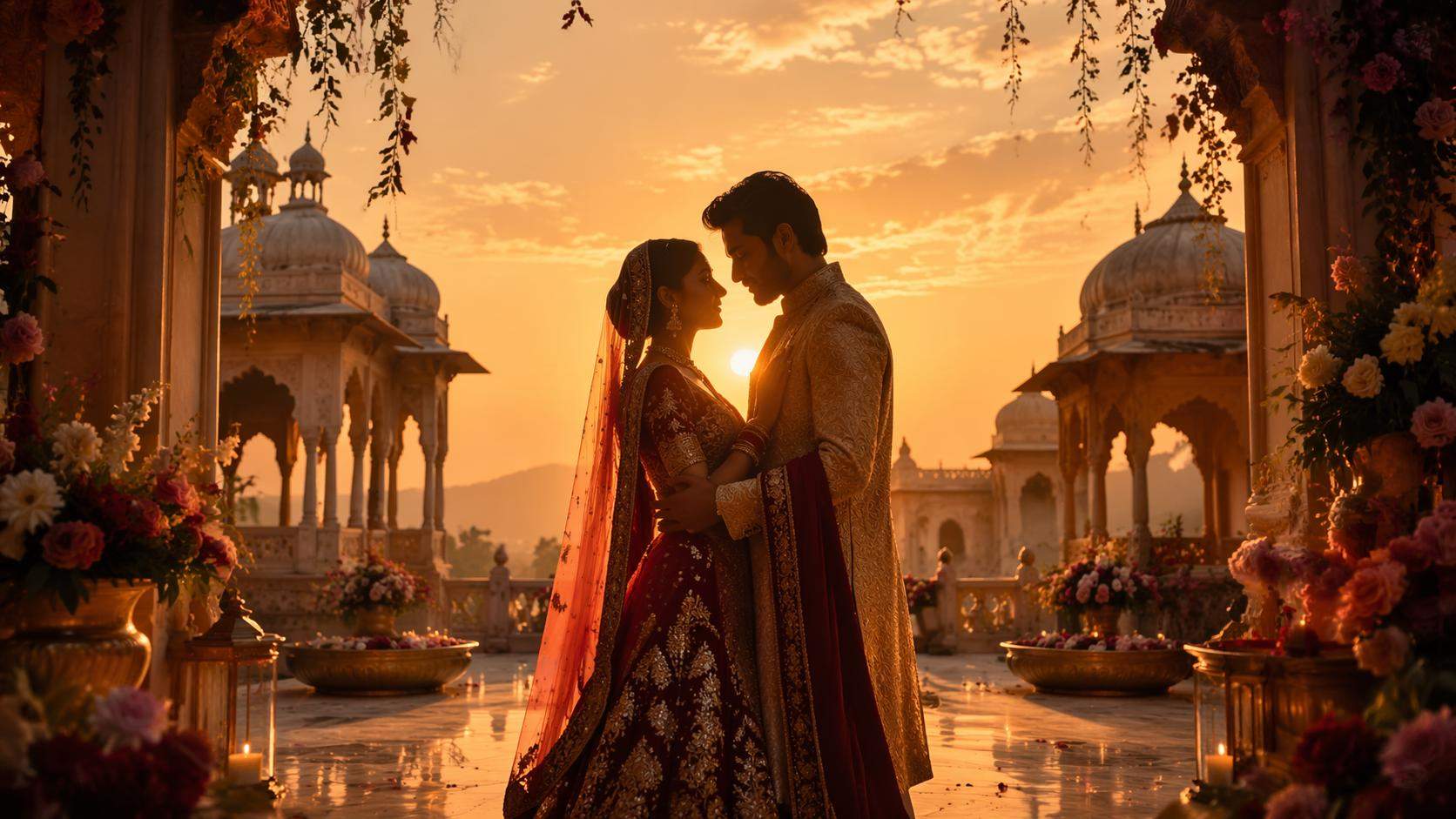 Dreamina indian wedding prompts prompt card 4: Golden hour couple portrait