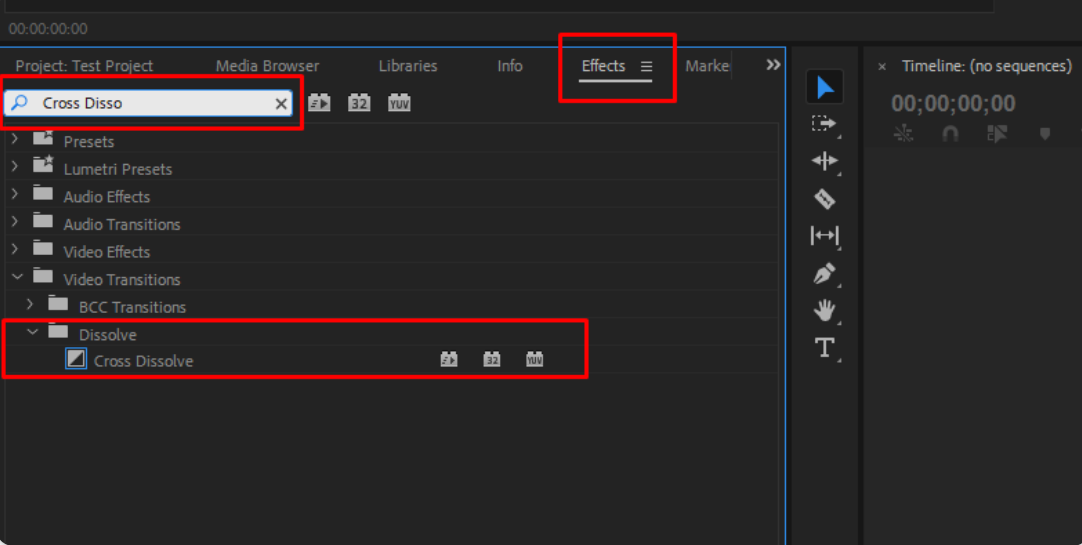Locating the dissolve effect in Premiere Pro