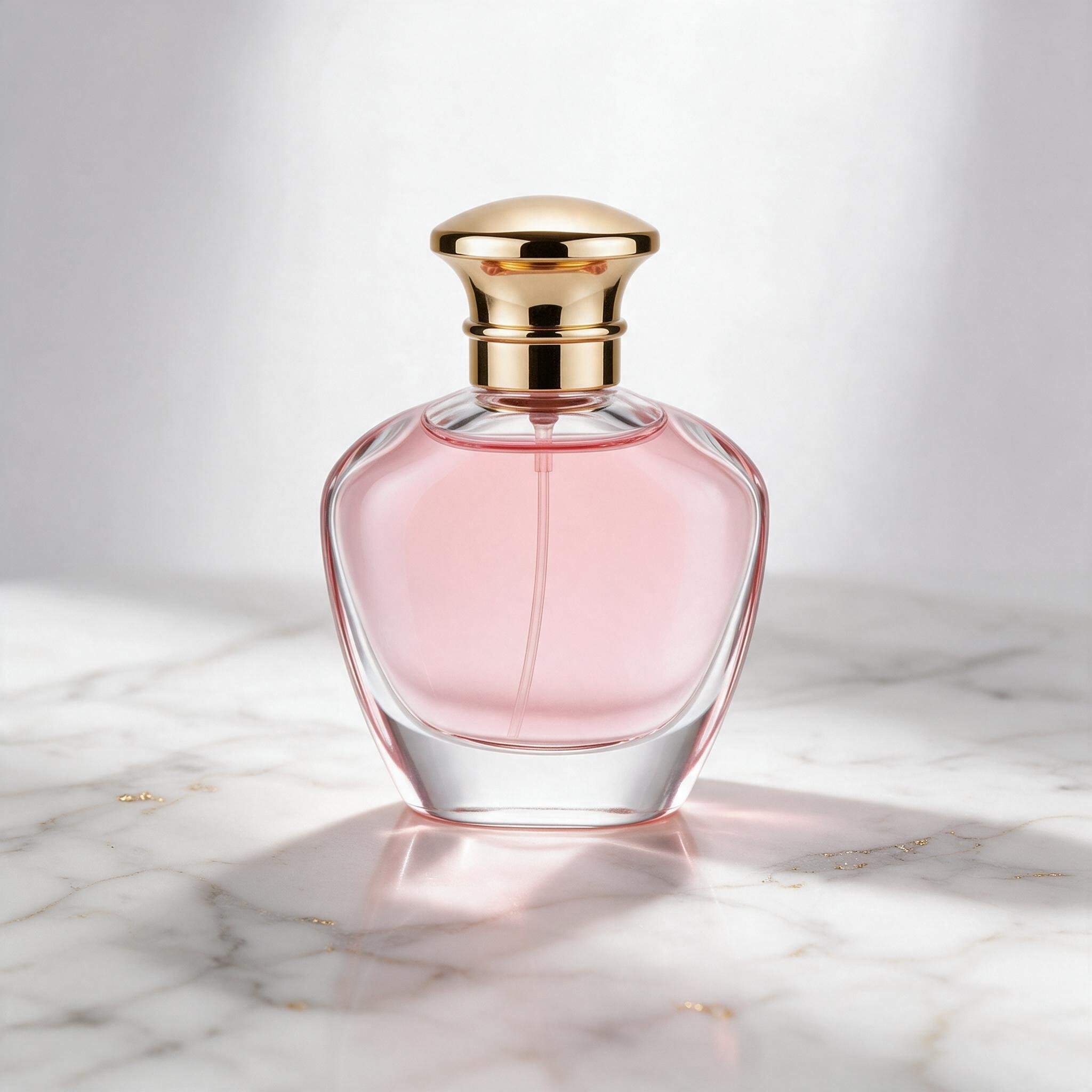 Pink perfume bottle with a gold cap on white marble in soft studio light.