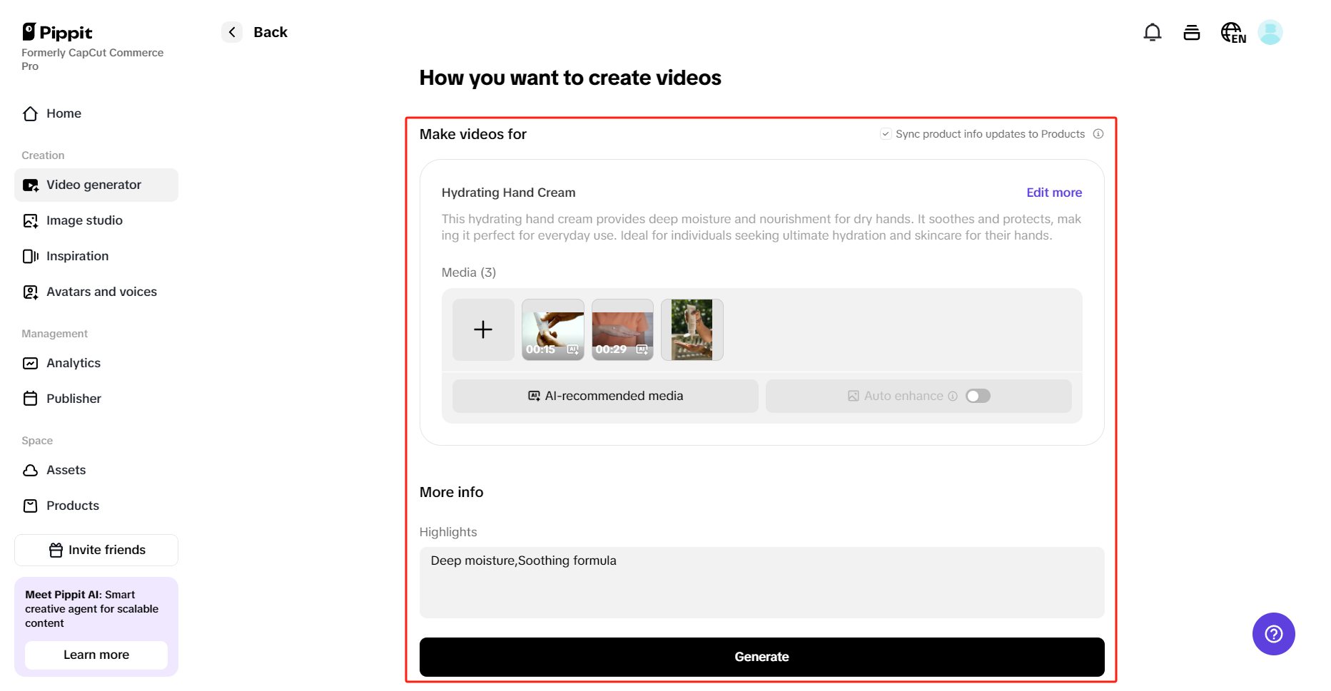 Customizing video setting in Pippit