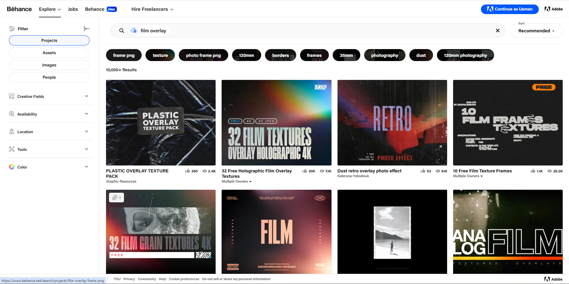 Interface of Behance - an ideal platform for diverse film overlays