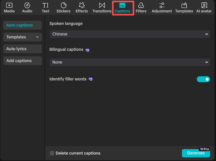 Tap "Captions" at the top menu on CapCut Desktop