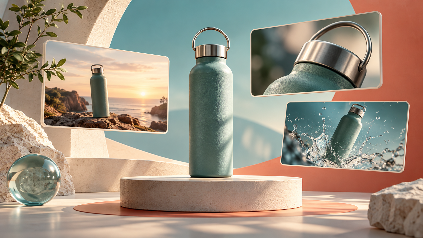A water bottle on a pedestal surrounded by cinematic shot frames