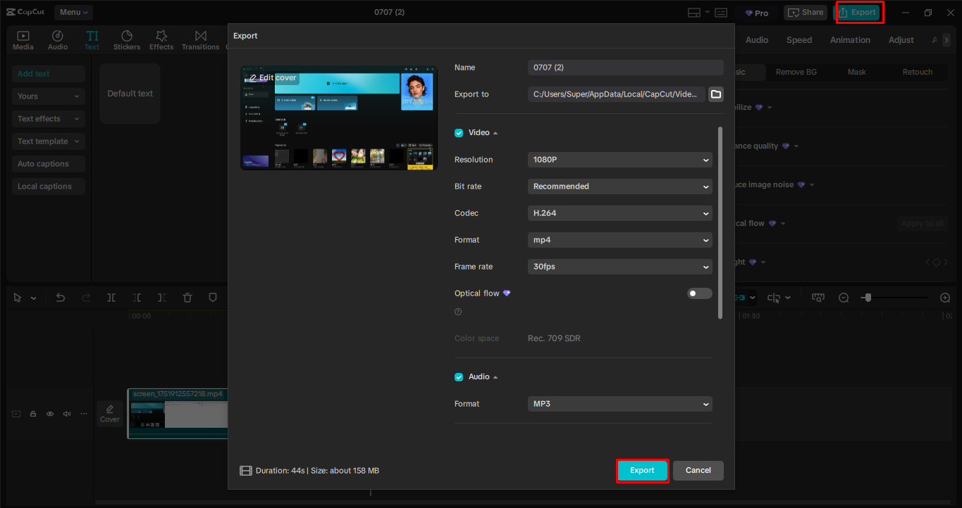 Exportera skärminspelning från skrivbords-videoredigeraren CapCut.