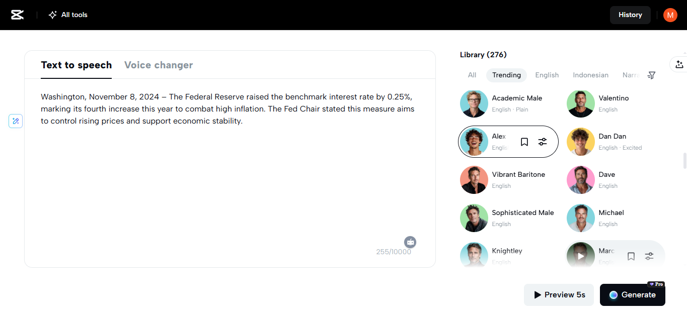 Interface voor het bewerken op CapCut Web - het beste platform om tekst online om te zetten in audio
