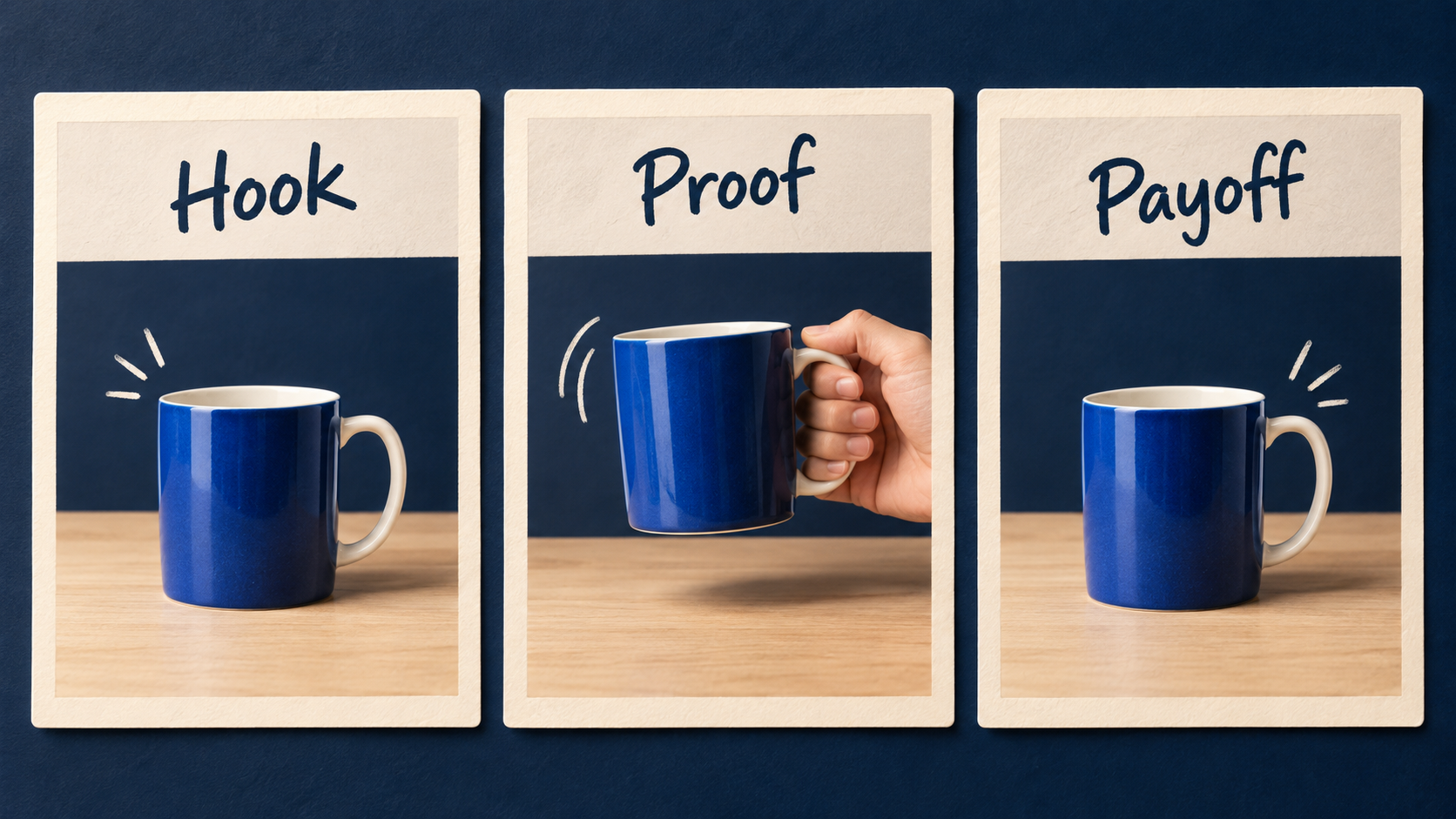 Three physical storyboard cards labelled Hook Proof and Payoff showing the same blue mug at rest then lifted once then at rest