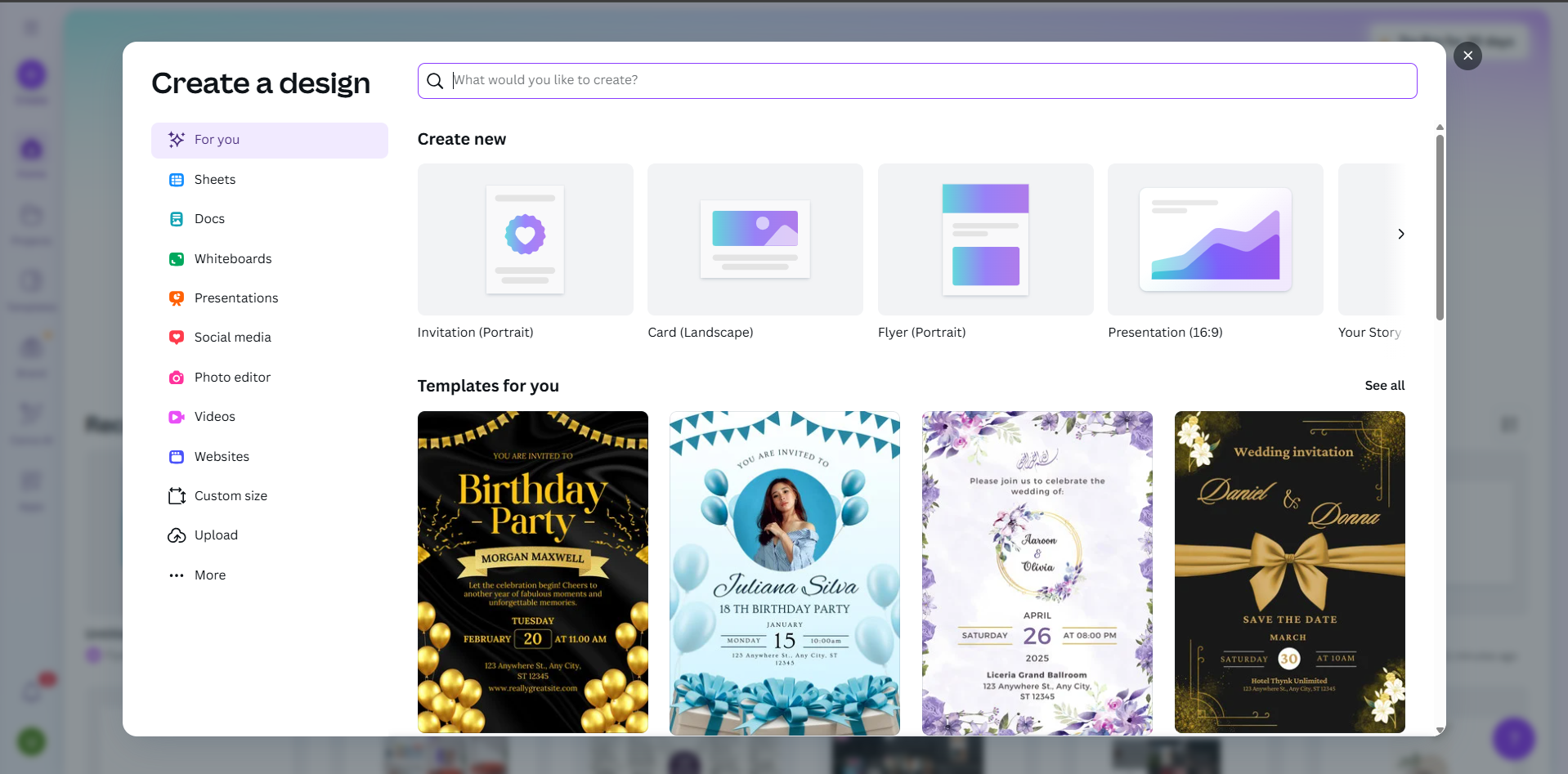 Starting a new design in Canva
