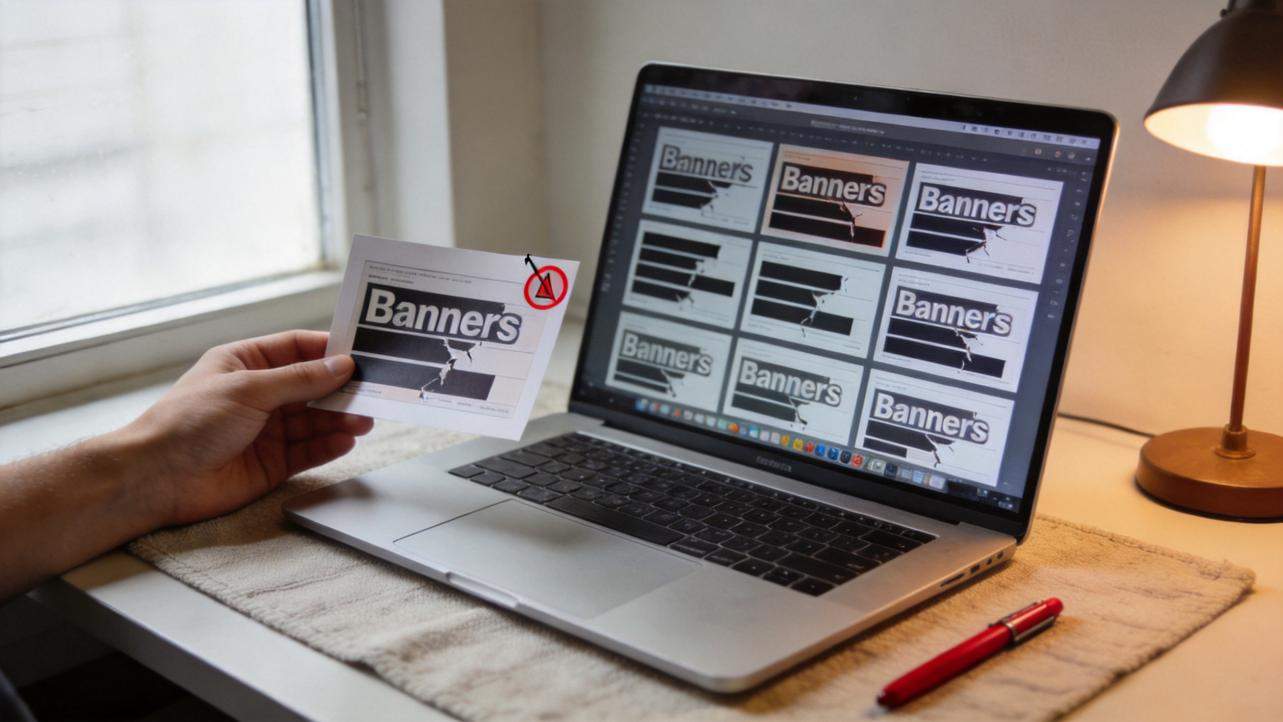 Hand holding a banner mockup beside a laptop showing multiple banner layouts