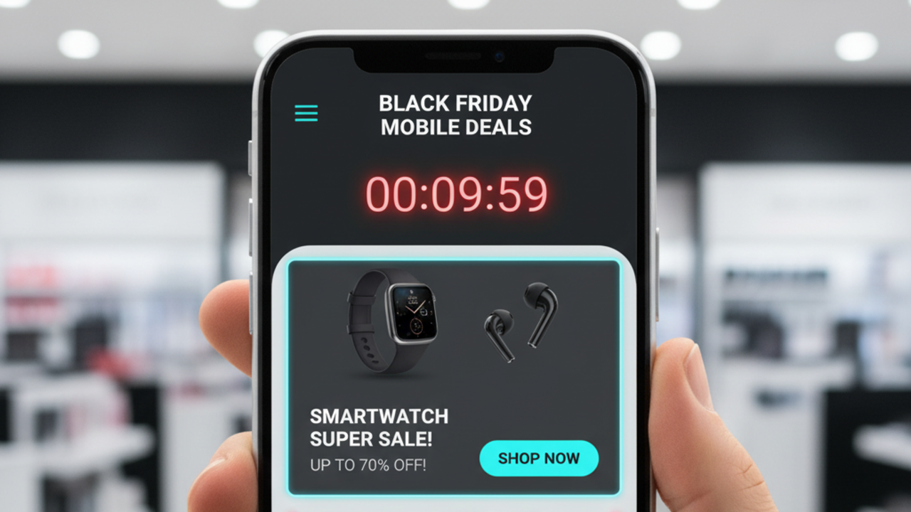 Menggunakan reka bentuk risalah Black Friday yang disesuaikan untuk tontonan mudah alih.