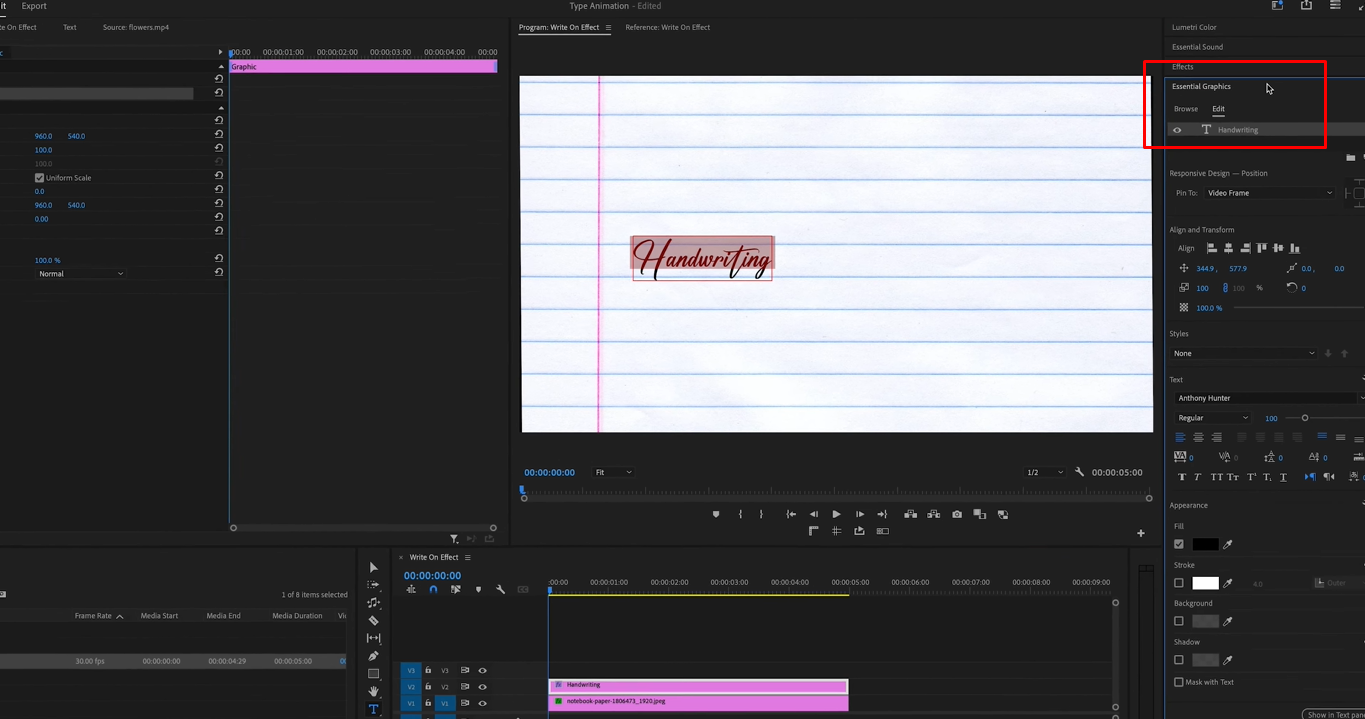 Создание текстового слоя для создания анимации рукописного ввода в Premiere Pro