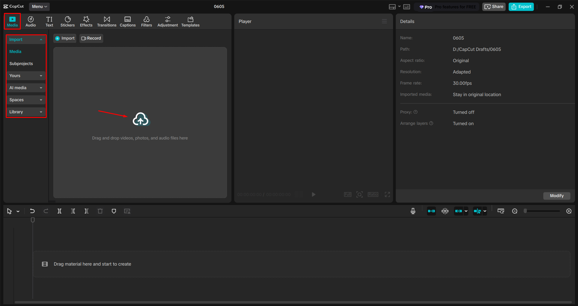 Importing a video into the CapCut desktop video editor