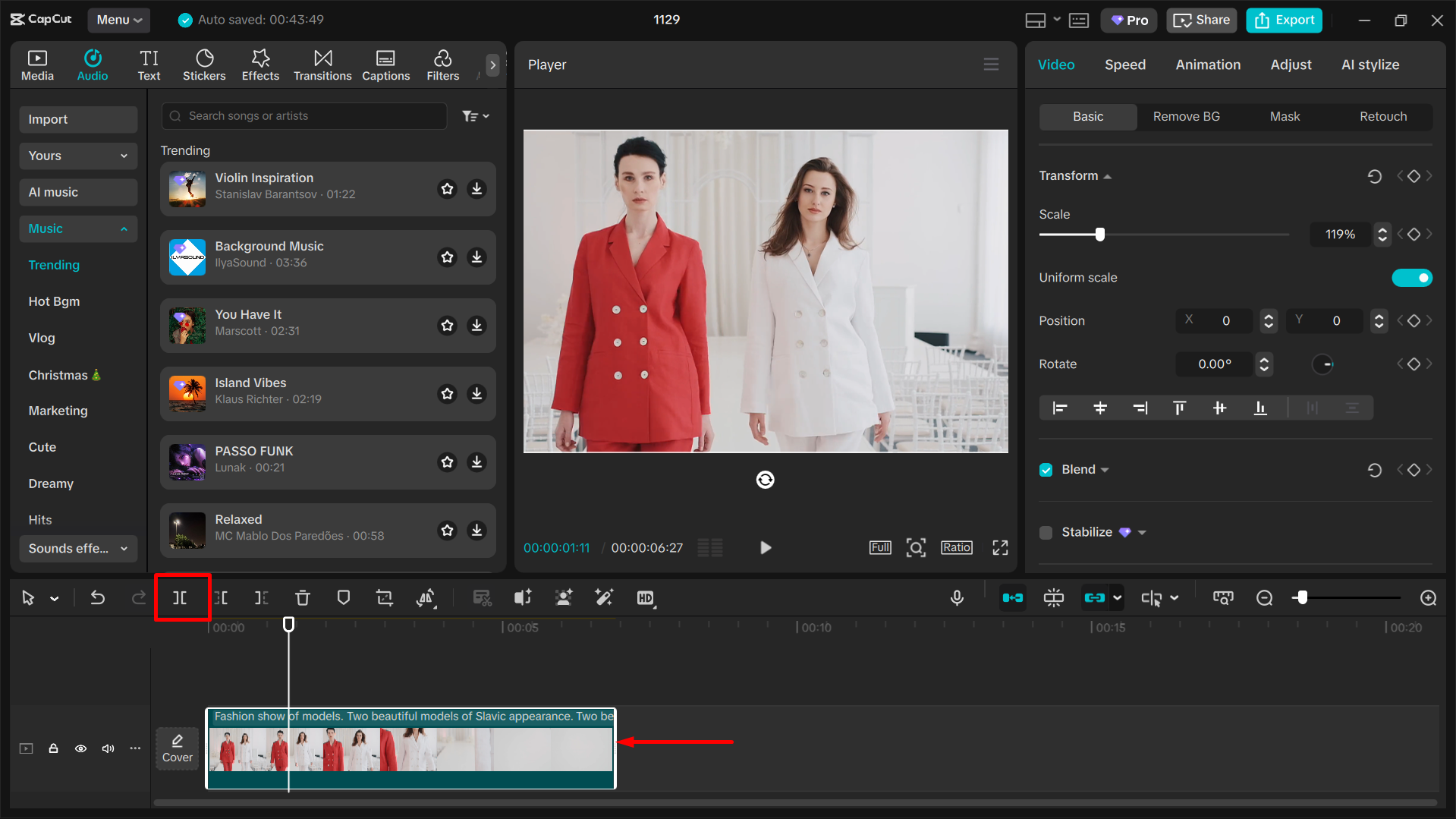 Splitting scenes and adding transitions in a video using CapCut
