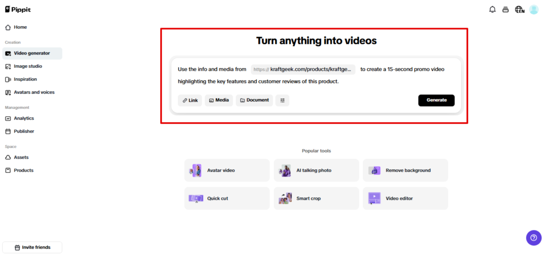 Entering prompt in Pippit video generator