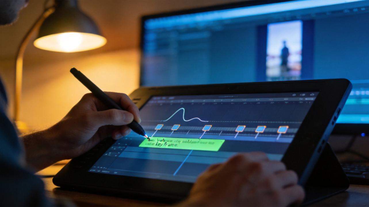 Person using a stylus on a tablet to edit a video timeline with audio waveform and keyframe markers