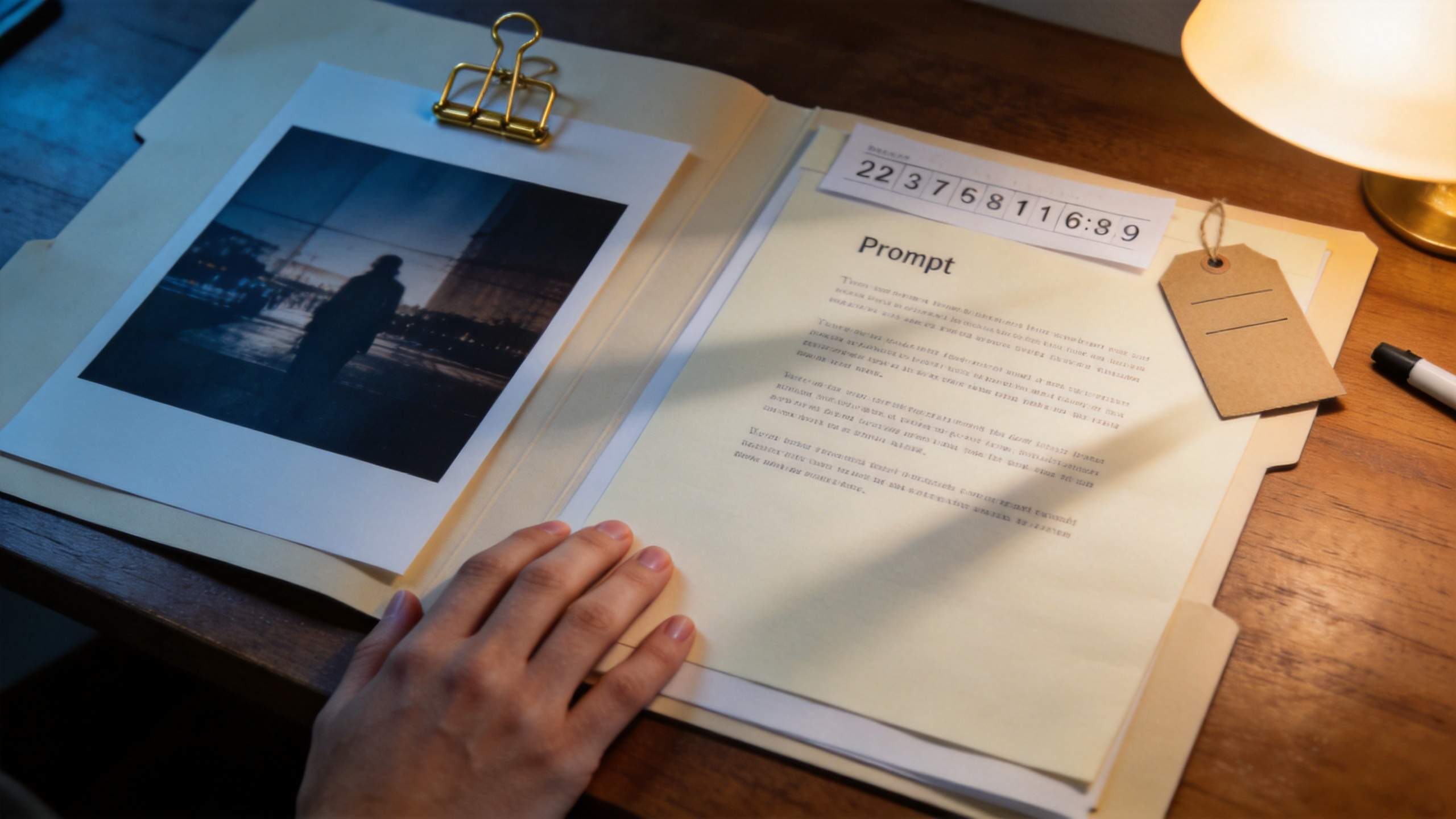Hand on a folder with a printed photo, a page labeled Prompt, and a numbered tag on a desk