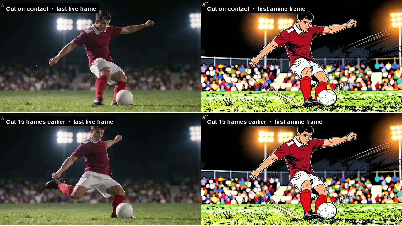 Side-by-side soccer player footage and anime version, showing cut points before and after the transition.