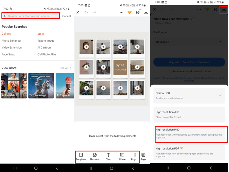 Interface showing how to make photo collage for Facebook cover on mobile