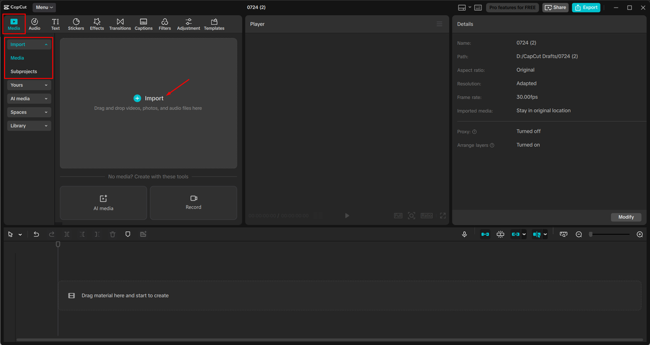 Importing a video into the CapCut desktop video editor