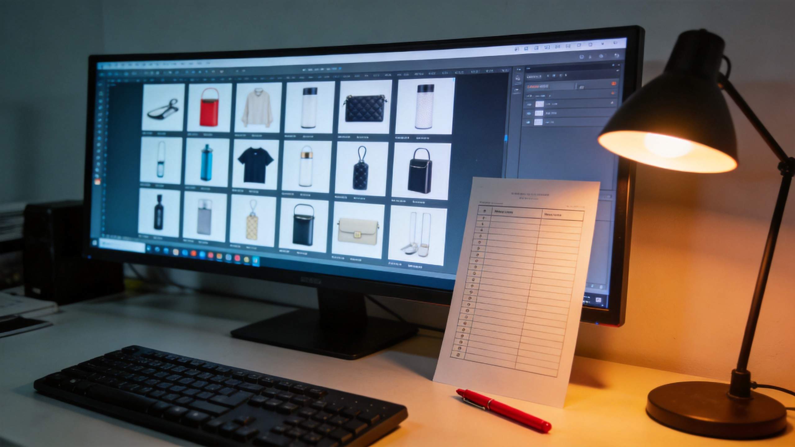 Desk setup with a monitor showing product mockups, a keyboard, lamp, and paper checklist